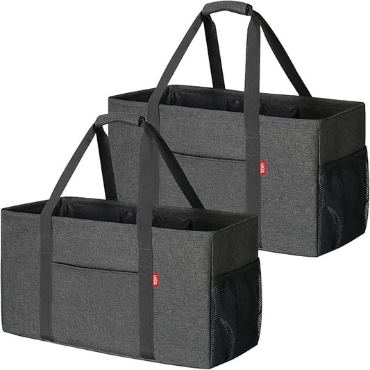 LHZK 2 Pack Extra Large Utility Tote Bag with Metal Wire Frame and the Sides Rinforced, Extra Large Tote Bag with Handle for Pool Beach Laundry Storage (Grey)