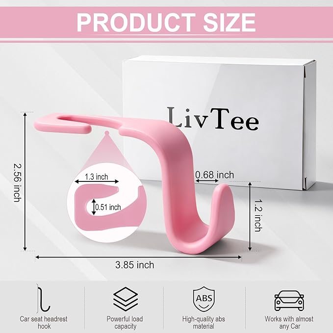 LivTee Car Seat Headrest Hook, Auto Seat Hook Hangers Storage Organizer Interior Accessories for Purse Coats Umbrellas Grocery Bags Handbag, 4-Pack - Pink