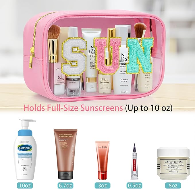 Clear Makeup Bag,Waterproof Sunscreen Bag with Letter Patches,Travel Beach Pool Bag,Personalized Travel Toiletry Cosmetic Bags Gifts For Girl Women Mom Teacher Nurse (Pink-SPF)