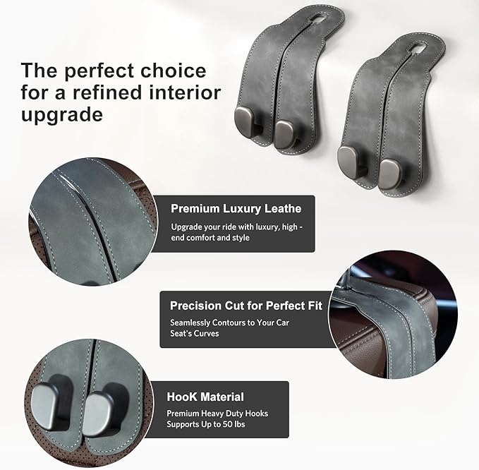 CoBak Purse Hook for Car - Universal Premium Stitched Leather and Aluminum-Magnesium Alloy Double Car Seat Back Storage Hook for Purses, Handbags, Bags (4 Pack),Gray