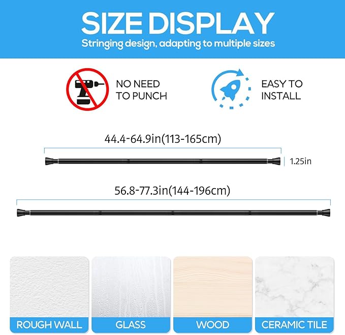 1 Pack Spring Tension Rods 45-77IN, 7/8 Inch Diameter Black No Drill Spring Loaded Adjustable Extendable, Small Short Tension Curtain Rod for Windows Kitchen Doorway Closet Cupboard