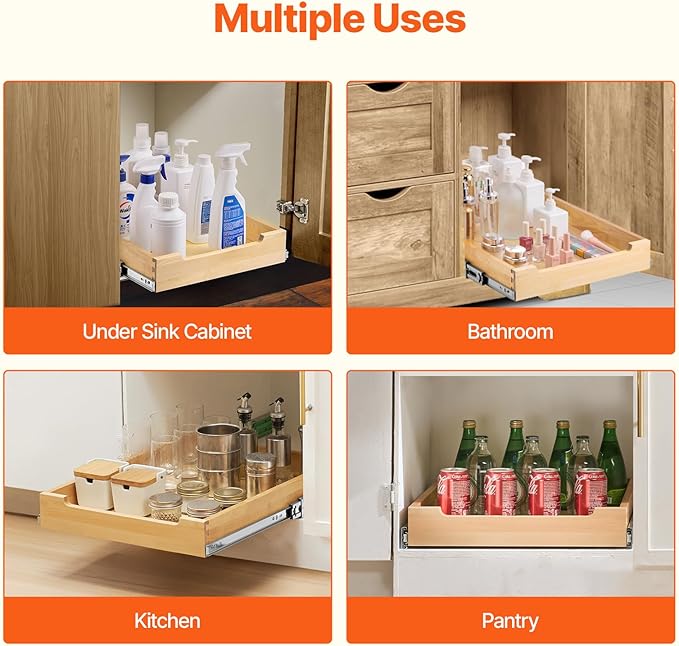 VEVOR Pull Out Cabinet Organizer, 17"W x 21"D Cabinet Drawer, Soft Close Slide out Shelf, Heavy-Duty Sliding Wood Drawer, Bottom Mount Size（17.5"W x 23"D）and Side Mount Size（18"W x 23"D）