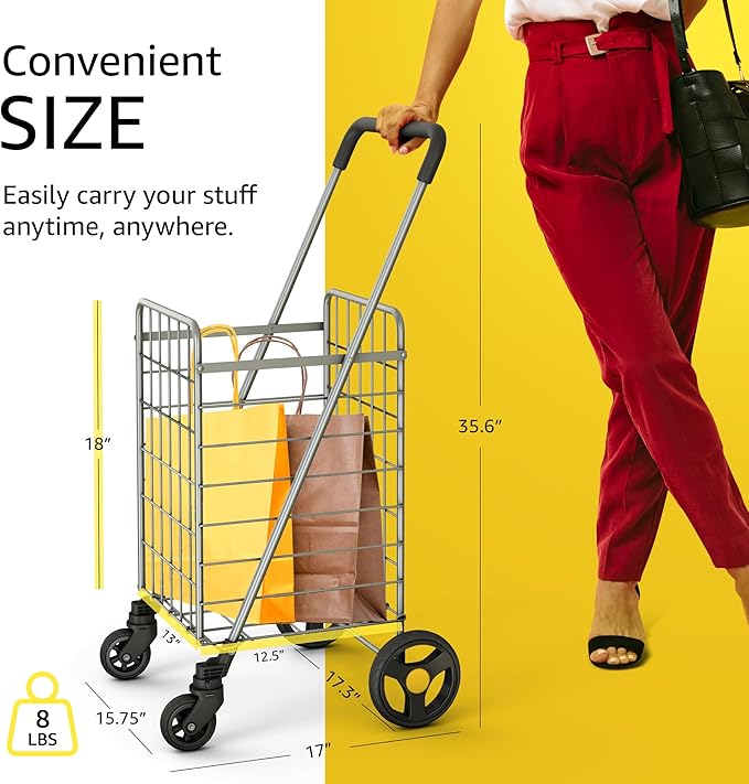 Our Modern Space Shopping Cart & 360° Swivel Wheels | Foldable Collapsible & Lightweight | Perfect for Groceries Laundry Utility Cart - Silver