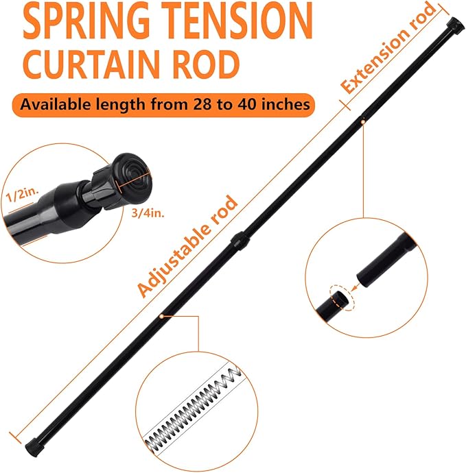 KXLife 2Pcs Spring Tension Curtain Rod, 28 to 40 Inch Adjustable Expendable Tension Rods for Windows, Black Spring Loaded Curtain Rod No Drilling