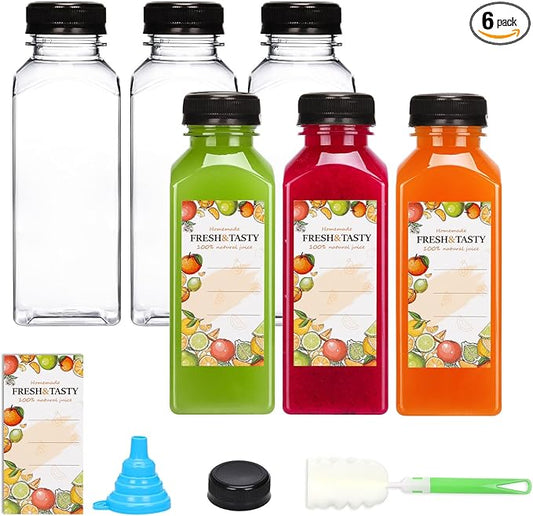 TOMNK 6pcs Juice Bottles, 12oz Reusable Plastic Juice Bottles with Caps and Labels, Funnel, Brush Beverage Containers for Juicing, Smoothies, Tea, Milk
