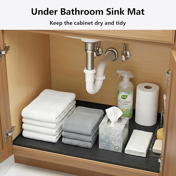 Mateeylife Under Sink Mats for Kitchen Waterproof 31"X22", Undersink Protectors，Silicone Mat Cabinet Liner, Under Sink Organizer for Bathroom and Kitchen，Boot Tray Pet Food Mat, Classic Black