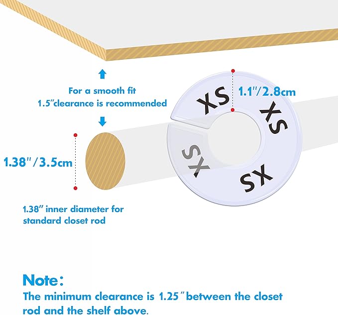 40 Pack Round White Plastic Clothing Size Closet Rack Dividers Hangers, Preprinted in 8 Sizes XXS, XS, S, M, L, XL, XXL, XXXL (Outer 3.5”, Inner Diameter 1.38”)