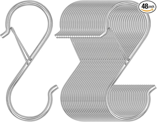 Waitkey 48 Pack S Hooks for Hanging, 3.5 inch Heavy Duty Metal S Hooks with Safety Buckle S Shaped Hooks Pot Rack Closet Hooks for Hanging Plants, Clothes, Kitchen Utensil, Pots, Pans, Bags (Silver)