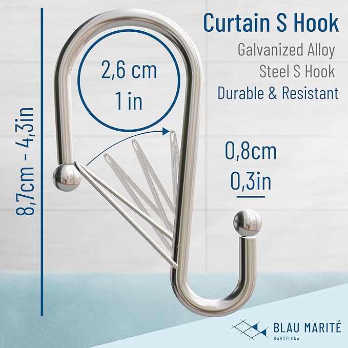 Set of 12 Silver Metal S Hook Shower Hooks 1” – Closed, Heavy Duty, Long Decorative Shower Curtain Hooks, Easy Glide, Buckle, Large Rust Resistant Rings for Bathroom Rods (Silver, S)