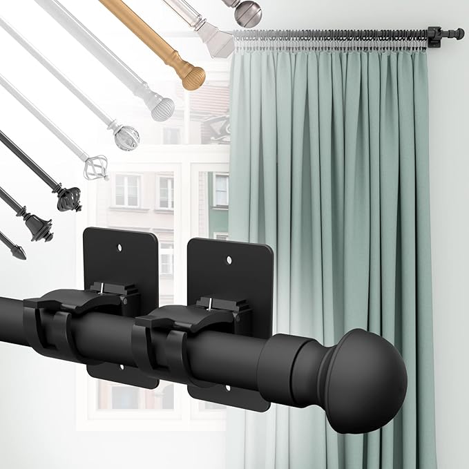 8 Pieces Self Adhesive Curtain Rod Bracket, Universal Plastic Curtain Rod Holders, No Drill Curtain Rod Brackets Curtain Rod Hooks for Bathroom, Bedroom, Livingroom, Kitchen (Black)