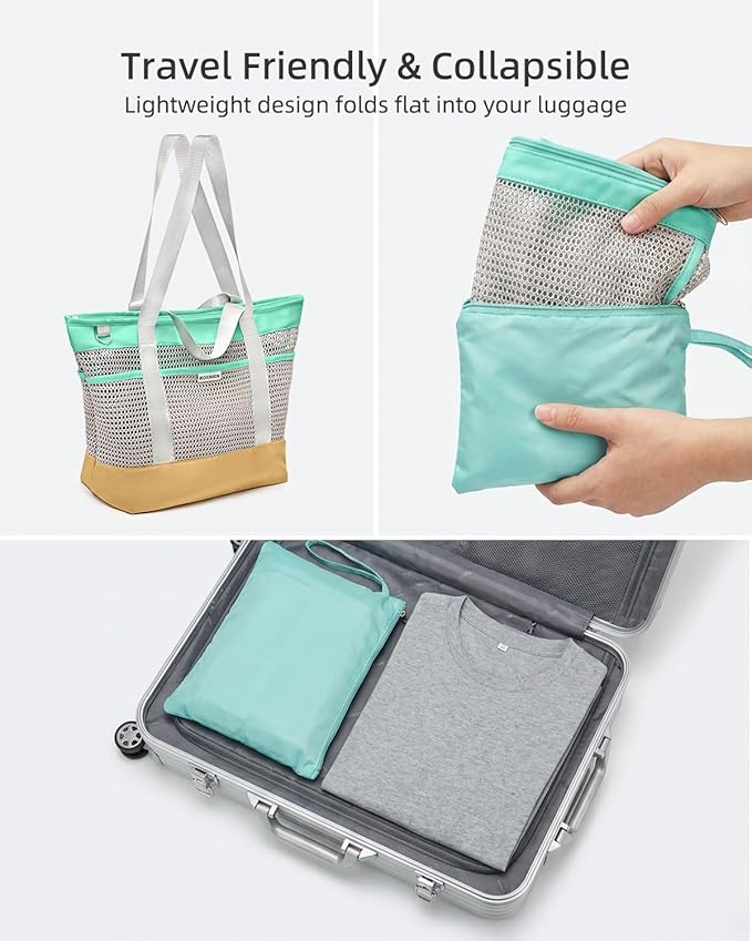 Mesh Beach Bag for Women - Large Foldable Tote with Waterproof Sandproof Bottom plus Zippered Top and 7 Pockets Lightweight Packable Pool Bag for Swim Cruise Travel and Vacation