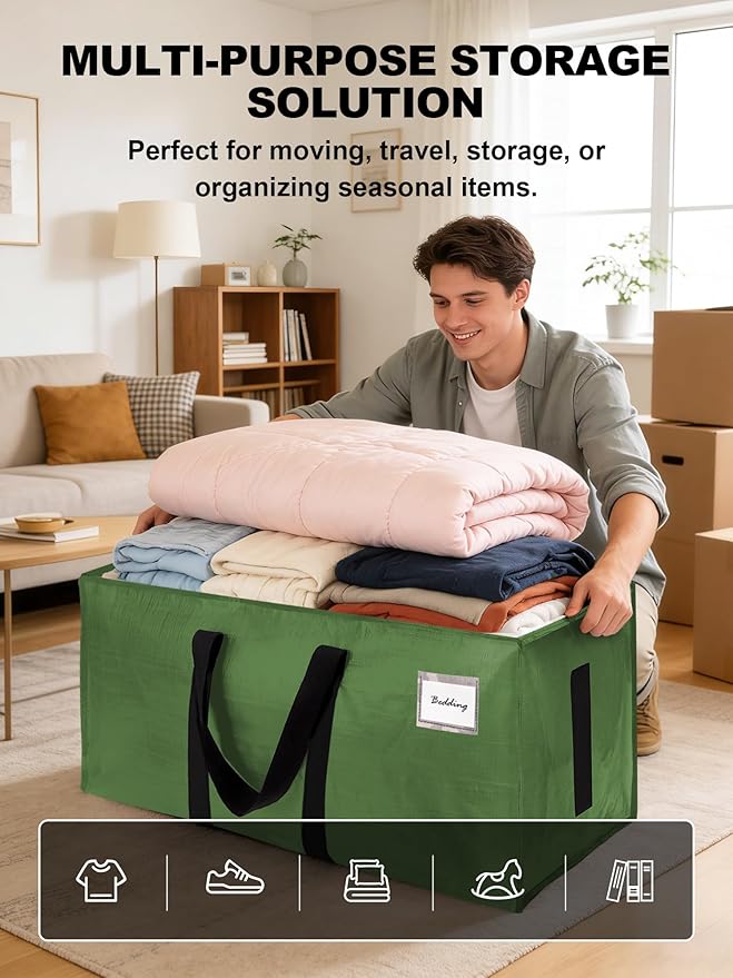 80 Pack Large Strong Moving Bags with Zippers & Carrying Handles - Water-Resistant - Heavy Duty Storage Tote for Space Saving, Fold Flat, Alternative to Moving Box (Olive Green)