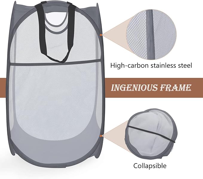 Strong Mesh Pop-up Laundry Hamper,HOUSE AGAIN Quality Pop Up Hampers for Laundry with Durable Handles Solid Bottom High Carbon Steel Frame, Easy to Open and Fold for Storage(Grey)