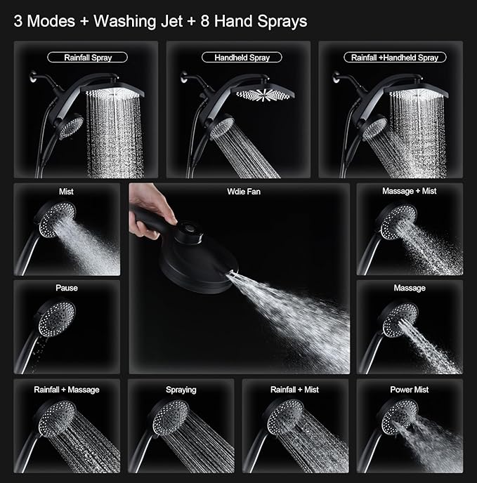 BOZYBO Rain Shower Head with Handheld: High Pressure Shower Heads with Handheld Spray Combo, 12" Rainfall Shower Head and 9 Sprays Hand Showerheads with Magnetic Docking and Power Jets, Black 1.8GPM