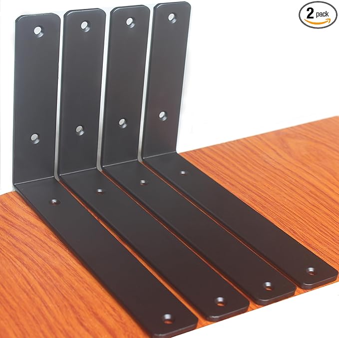 2 Pack - L 9" x H 6" x W1.5, 5mm Thick Black L Shelf Bracket, Iron Shelf Brackets, Metal Shelf Brackets, Floating Shelf, Shelf Supports with Screws