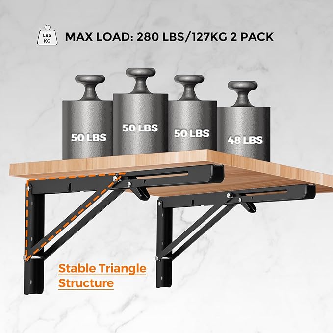 Ravinte 2 Pack 18 Inch Folding Shelf Brackets – Matte Black, Heavy Duty Collapsible Brackets for Tables and Benches – Space-Saving Design
