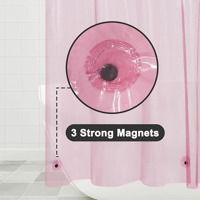 Barossa Design Extra Long Clear Pink Shower Curtain Liner with 3 Magnets - 72" x 84" XL, Waterproof PEVA Lightweight Shower Liner for Bathroom, PVC Free, Metal Grommets - Clear Pink, 72x84