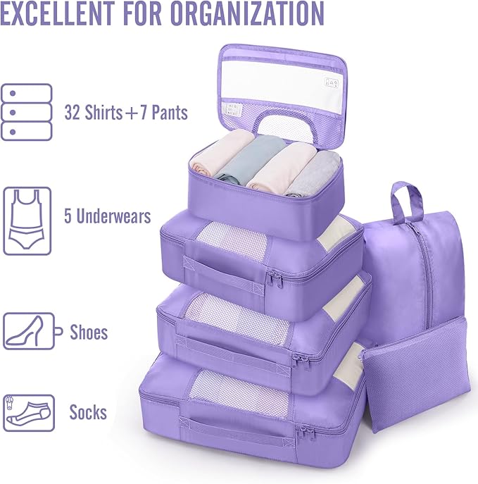Veken 8 Set Packing Cubes for Travel Essentials, Suitcase Organizer Bags in 4 Sizes, Carry-On Luggage Accessories with Large Laundry & Shoes Bag, Must-Have for Airplane, Road Trip & Camping