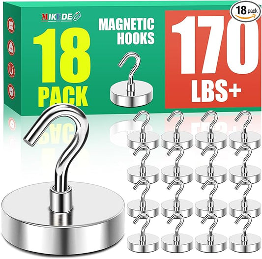 MIKEDE Magnetic Hooks, Strong Magnets Hooks Heavy Duty, Extra Strong Cruise Hook for Hanging, Industrial Metal Refrigerator Hooks for Cruise Cabins, Fridge, Kitchen, Grill 18 Pack 170lbs
