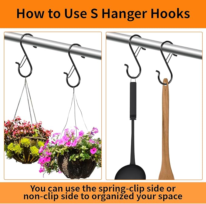36 Pcs S Hooks for Hanging with Safety Buckle, 3.5 inch Heavy Duty Metal S Shaped Hooks Stainless Steel for Hanging Kitchen Utensil, Cups, Pots, Plants, Bags, Hats (Black)