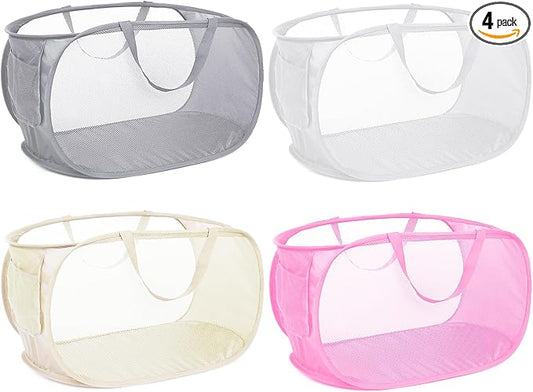 4 Pack Collapsible Laundry Baskets, Foldable Laundry Basket with Pocket, Durable Mesh Pop Up Hampers, Reinforced Handles Dirty Clothes Hamper for Laundry, Bedroom, Bathroom, Dorm, Travel or Camping