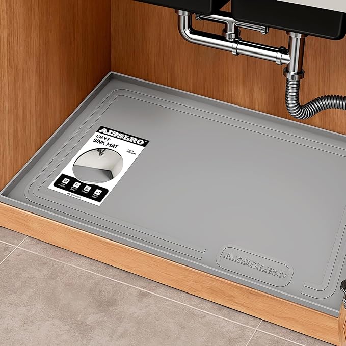 Aisslro Under Sink Mat 25" X 19", Waterproof Silicone Under Sink Mats for Kitchen, Anti-Leak Shelf Liner & Cabinet Protector with Raised Edge, [BPA Free] Bathroom Tray Home Organizer, Gray