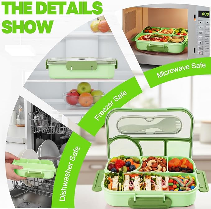 Bento Box for Adults,4 Compartments Lunch Box, Snack Containers Reusable Lunch Containers Drop-Proof, Dishwasher Safe & Made with BPA-Free Materials, Green