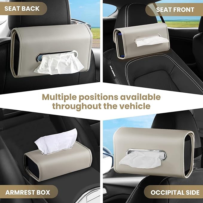 WHHMK Tissue Box Cover - Premium PU Leather Backseat Napkin Organizer, Extra Large Tissue Box Storage Fits for 100-150 Regular Size Tissues, Grey (2 Packs)
