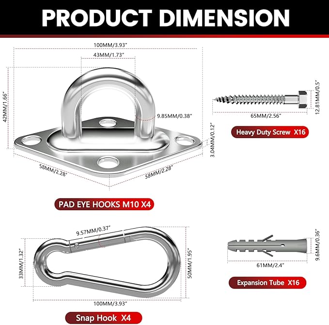 sprookber 304 Stainless Steel Pad Eye Snap Hooks, M10 Heavy Duty Ceiling Hook, 1700lb Capacity Hammock Swing Hanging kit, Plant Hangers, Marine Hardware Staple Hook Loop with Screws, Set of 8