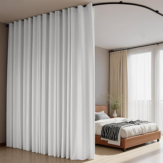 Room Divider Curtains Flexible Ceiling Tracks set Curtain track Ceiling Mount Blackout Curtain for Living Room Bedroom Ceiling Curtain Rod Privacy Divider Panel W150xH108 GreyishWhite Drape&Black rail