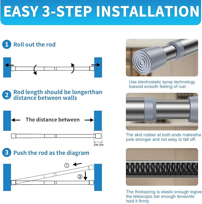 AIZESI 2 Pack Tension Rods for Windows 26.5 to 36 inch, Adjustable Pressure Spring Curtain Rods No Drilling, Curtain Rods for Doorway Closet Door, Silver