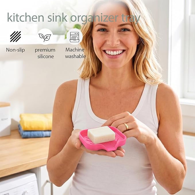 MicoYang Silicone Soap Dish with Drain Spout, Self-Draining Sink Organizer Tray for Bathroom and Kitchen, Sponges, Dispensers and Soap Holder, Non-Slip and Dishwasher Safe, Rose (Compact, 4.9"×3.2")
