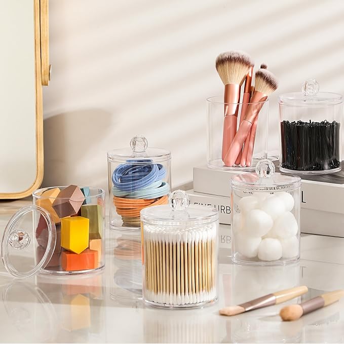 AOZITA 6 Pack Acrylic Qtip Holder Dispenser for Cotton,Swab, Ball, Round Pads, Floss Picks - Clear Plastic Apothecary Jar Set, Bathroom Canister Storage Organization, Vanity Makeup Organizer