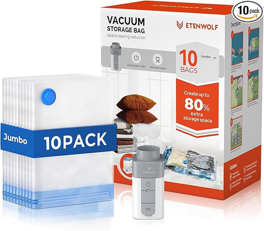 ETENWOLF 10 Pack Jumbo Vacuum Storage Bags with Rechargeable Wireless Pump, Vacuum Seal Bags for Clothes and Travel, Space Saver Compression Bags for Bedding, Blankets and Comforters(39.4 x 27.6 in)