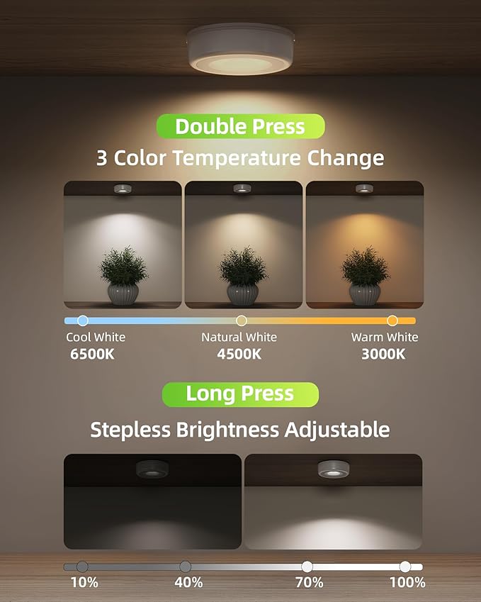 EZVALO LED Puck Lights, 50Lumens, Touch Light, 2.5'' Mini Tap Light, Rechargeable Sitck On Tap Lamp, 3 Color Temps, Under Cabinet Lights Wireless, Ideal for Kitchen,Closet,Pantry,Camper(4 Pack)