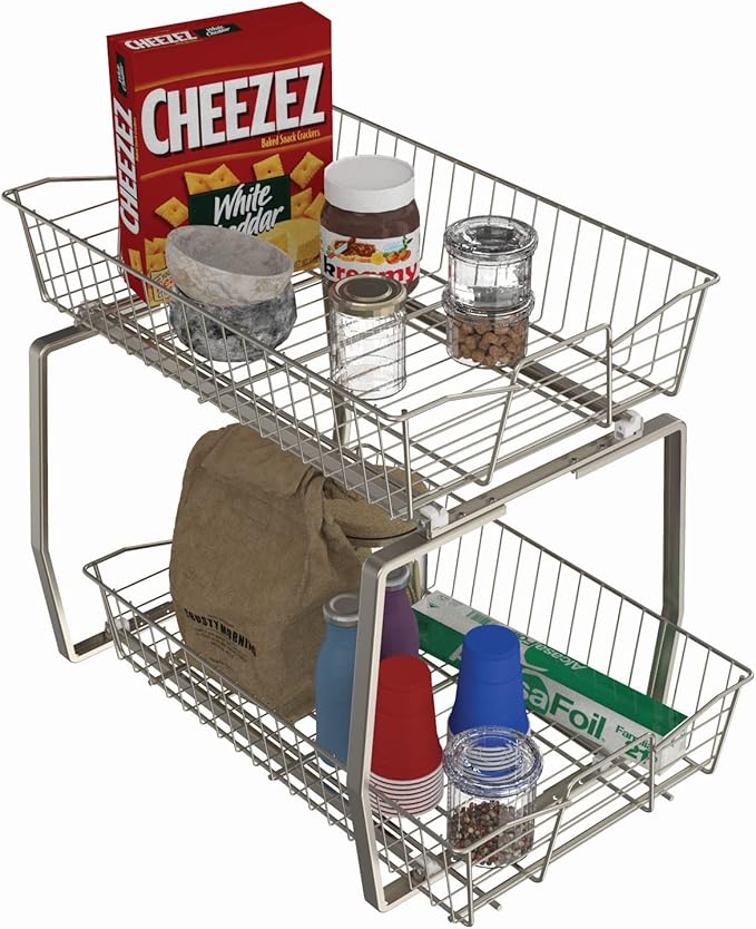 ClosetMaid 14 in. Pull Out Cabinet Organizer, 2 Tier, Heavy Duty, Slide Out Pantry Shelves Drawers for Kitchen, Bathroom, Nickel