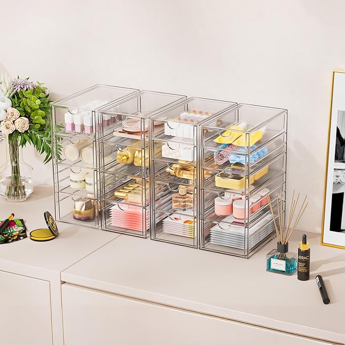 Acrylic Makeup Organizer with 31 Drawers, 6 Pack Clear Storage Drawers, Bathroom Makeup Organizer for Palettes, Cosmetic, and Beauty Supplies,Ideal for Vanity, Cabinet,Desk Organization