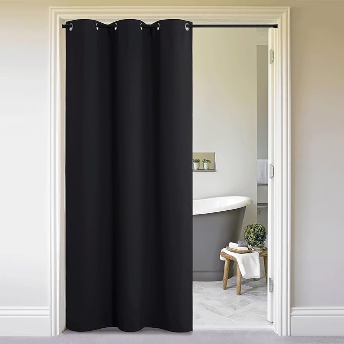 NICETOWN Faux Folding Accordion Doors, Front Door Curtains for Doorway, Privacy Blackout Living Room Bedroom Divider/Sliding Patio Decoration (1 Panel, 9ft Tall x 5ft Wide, Black)