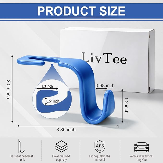 LivTee Car Seat Headrest Hook, Car Headrest Hidden Hook, 4 Pack Universal Auto Car Back Seat Hook Organizer for Purse Coat, Car Interior Accessories (Blue)