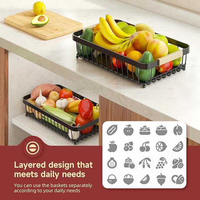Sevenblue 3 Tier Fruit Basket for Kitchen Counter with 2 Mobile Banana Hangers, 2026 Pro Detachable Metal Fruit Bowl with Wooden Handle, Fruit Holder for Bread Snack Veggies with Protective Mats