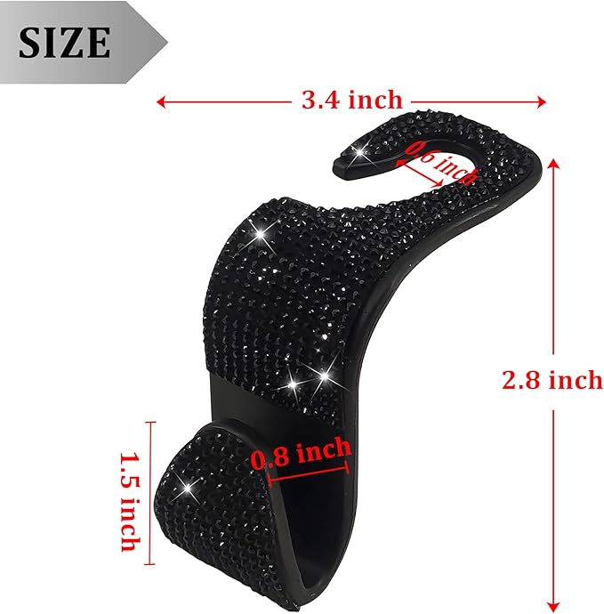 Dermasy 2 Pack Car Hooks, 2021 New Bling Rhinestones Crystal Hooks Car Decorations Auto Seat Back Organizers Strong and Durable Backseat Hanger Storage Universal for SUV Truck Vehicle (Black)