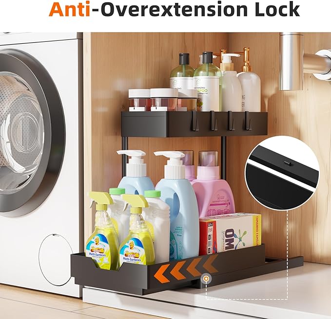 Simple Trending 2 Tier Under Sink Organizers and Storage, Multi-Purpose Pull Out Bathroom Cabinet Organizer, Stackable Kitchen Pantry Organization, Black, 2 Pack