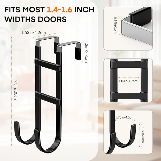 FYY Over The Door Hooks - 2 Pack Heavy Duty Double-Hanger Organizer for Bathroom Bedroom Dorm, Hanging Clothes Towels Hats Bags Ironing Board Wreath Robe - Fits Interior Doors Up to 1.6” Black