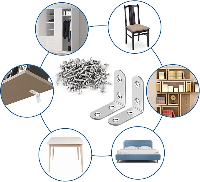 16 Pcs L Bracket Stainless Steel Corner Brace Sets, 90 Degree Right Angle Brackets with 64 Pcs Screws, L Bracket Firmware for Wooden Shelves, Chairs, Tables, Dressers, Furniture (Silver)