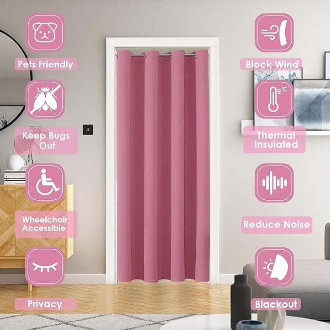 ChrisDowa Blackout Door Curtains for Doorway Privacy, Grommet Closet Curtains for Bedroom Closet Door, Thermal Insulated Temporary Doorway Cover Room Divider Drapes (1 Panel, Pink, 34 x 80 Inch)