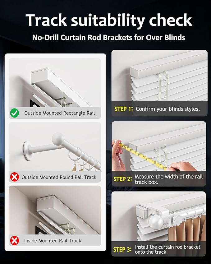 Mimiio No Drill Curtain Rod Brackets for Outside-Mount Blinds, Tool-Free Over-Blind Curtain Rod Holders, Fits 1-2" Rectangular Headrails, No Wall Damage, Renter Friendly Window Hardware, 4 Pack, White
