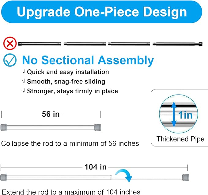 No Sectional Assembly Shower Curtain Rod 56-104 Inch, 1" Diameter Spring Long Adjustable Tension Curtain Rods for Bathroom Windows Closet No Drilling No Rust, Silver
