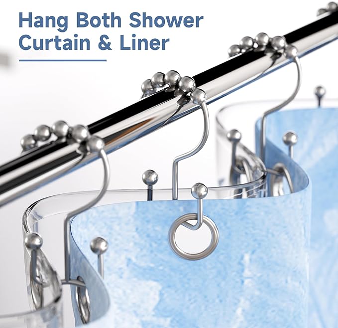 Titanker Double Shower Curtain Hooks, Rust Proof Shower Curtain Rings, Metal Shower Hooks for Bathroom Shower Rods Curtains, Set of 12 Hooks - Chrome