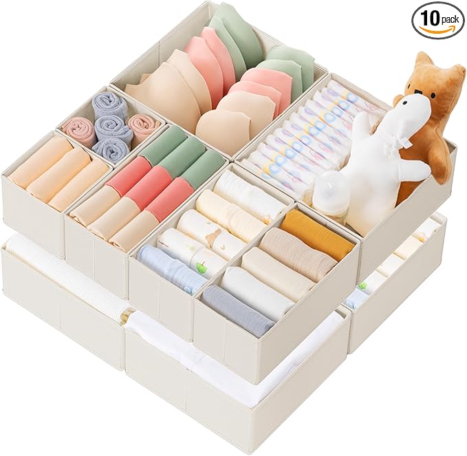 Criusia Drawer Organizer Clothes, 10 Pack Dresser Organizer for Baby Clothes, Underwear, Sock- Foldable Closet Organization and Storage Dividers Bins for Nursery, Bedroom (Oatmeal)