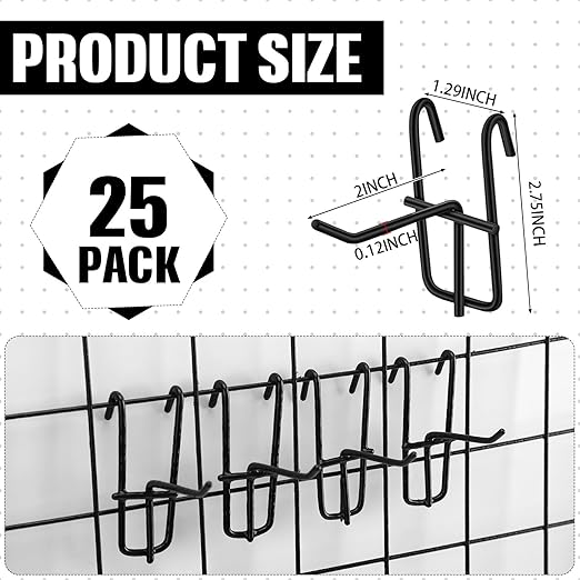 Moxweyeni 2 Inch Grid Wall Hooks 25 Pcs Gridwall Panel Hooks Store Garage Wall Mount Organizers Storage Grid Display Hangers for Retail, Craft Show, Home Setup, Customized Display(Black)